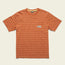 A short-sleeve orange patterned cotton jacquard t-shirt with a crew neckline and a small rectangular white patch featuring a logo on the left chest. The shirt is laid flat on a light background.