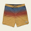 Men’s Bruja Boardshorts feature a blue upper, central rust stripe, and mustard yellow lower half. Made with stretchy fabric and a drawstring waist, plus draining front pockets and “Howler Bros.” patch near the lower left hem.
