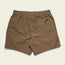 Brown tech seersucker shorts with an elastic waistband, two back pockets (one with a zipper and pull tab), and small metal grommets for drainage. The quick drying polyester shorts are laid flat on a pale background.