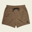 Brown textured tech seersucker shorts with an elastic waistband, black drawstring, side pockets, and a small black rectangular patch on the lower left leg, displayed on a light background.