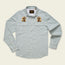 A light blue Gaucho Snapshirt, this long-sleeve button-up features two front pockets and embroidered brown and gold cactus designs, echoing the charm of vintage western shirts.