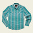 A long-sleeved, button-up lightweight stretch shirt with a turquoise and white plaid pattern, featuring two chest pockets with button flaps and a vented yoke, laid flat on a light background.