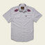 A light gray Crosscut Deluxe Shortsleeve summer shirt with two chest pockets and red motif embroidery of eye designs above each pocket on the upper chest area.