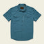A lightweight, short-sleeve button-up teal tech shirt featuring UPF 35 protection, two chest pockets—one with a small black label—a classic collar, and visible stitching details on a plain background.