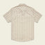 A short-sleeved, beige Howler Brothers button-up shirt with thin vertical stripes in brown and yellow, shown from the back against a plain light background—a vintage inspired shirt perfect for effortless style.