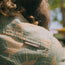 Close-up of the back of a person wearing a beige Monoloha Shirt with green leaf patterns and a visible fabric tag reading Land Cruiser x Howler Brothers. Sunlight highlights the person’s hair and the vintage Hawaiian shirt-inspired fabric.