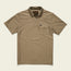 A short-sleeve, khaki-colored tech polo with a collar, three buttons, and a single chest pocket with a button flap. Made from recycled polyester, it features a subtle textured pattern and a small brand tag on the pocket.
