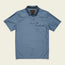 A short-sleeve, light blue Tech Polo made from breathable recycled polyester, featuring a front chest pocket, three buttons, and brown stitching accents, laid flat on a cream background.