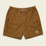 Brown patterned swim trunks with an elastic waistband, drawstring, and side pockets. Inspired by Pressure Drop Cord Shorts, these comfort shorts feature a palm tree patch on the lower left leg and are laid flat on a light background.