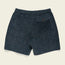 Navy blue and black patterned Pressure Drop Cord Shorts with an elastic waistband, crafted from stretch cotton corduroy. Shown from the back with a single buttoned pocket on the right side.