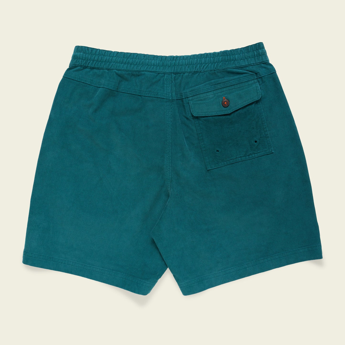 Teal green Pressure Drop Cord Shorts crafted from stretch cotton corduroy, featuring an elastic waistband, a single back pocket with a button closure, and a plain design, displayed flat on a light background for comfortable shorts style.