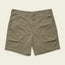 Khaki green Quonset Camp Shorts made from ripstop cotton, featuring vintage-style buttons, front pockets, belt loops, and a button closure. A small black label accents the right pocket. Laid flat on a light background.