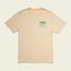 Beige short-sleeve t-shirt with a small colorful graphic of a sun, water, and palm tree above the words Howler Brothers on the left chest. Made from a soft cotton-poly blend for maximum comfort, with subtle orange stripes on the shoulders.
