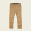 A pair of tan corduroy pants with front and back pockets, belt loops, and a button closure, laid flat on a light background.