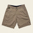 Khaki-colored Horizon Hybrid Shorts with front button and zipper closure, two side pockets, and one zippered pocket on the right. Made from durable ripstop fabric, these versatile shorts are laid flat on a light beige background.