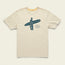 A beige T-shirt from the Howler Select T-Shirts collection featuring classic Howler designs: a person in a suit and hat holding a surfboard, with Born & Austin Raised beside the figure, crafted from a soft cotton-poly blend.