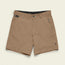 The Horizon Hybrid Shorts are a pair of tan-colored versatile shorts made from durable ripstop fabric, featuring front and zippered side pockets, belt loops, and a button closure, displayed against a plain light background.