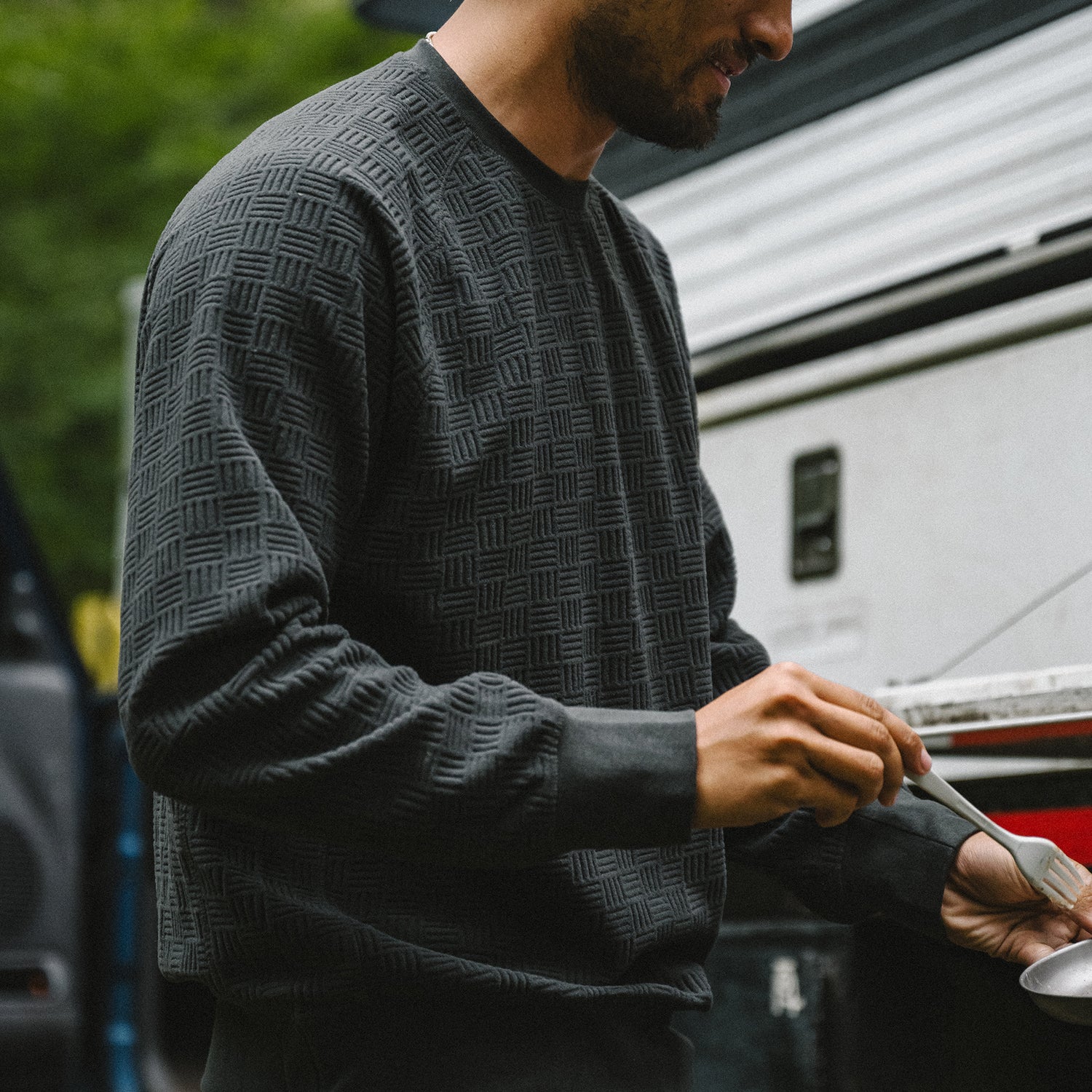 Eleos Fleece Crewneck - Grids : Antique Black