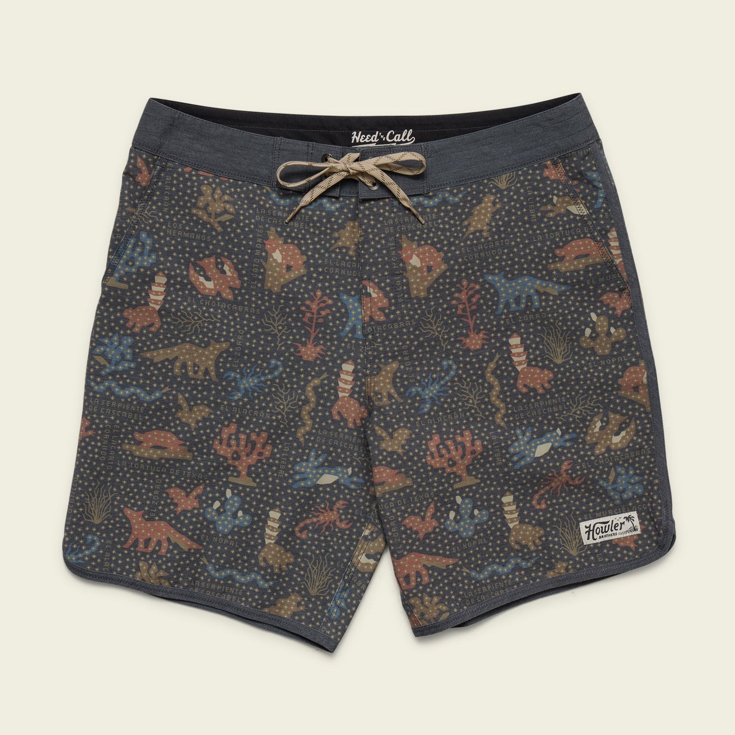 Patterned Bruja Boardshorts with a drawstring waist, featuring colorful dinosaurs and plants on a dark background with scattered dots. Stretchy fabric and draining front pockets add comfort and function. A Howler Bros patch is sewn near the bottom hem.