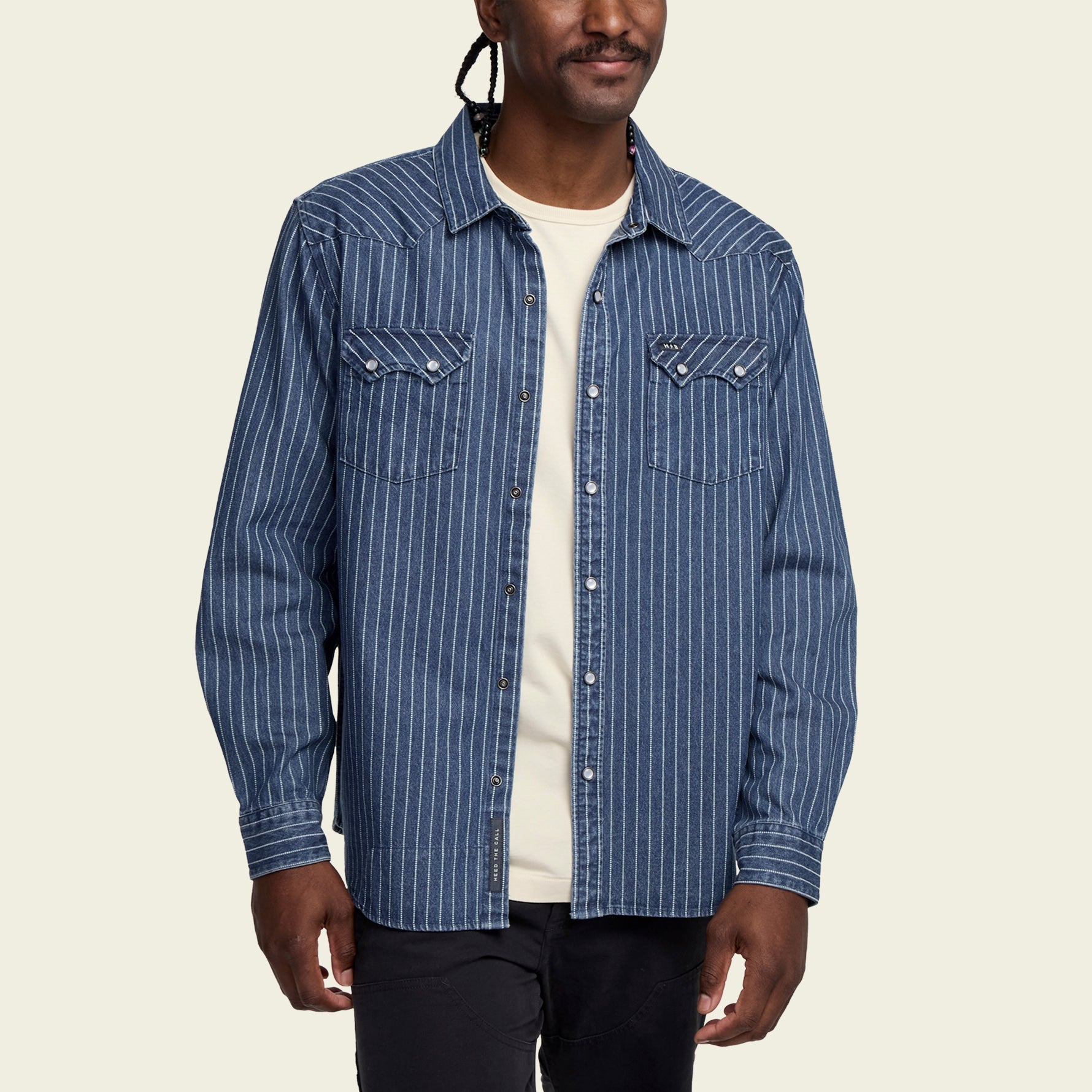 ぴろし　Stone  Denim オーバーシャツ Raw Edge Applique Carpenter Denim Shirt - Ice Blue | Mens Denim