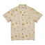 A short-sleeve, button-up shirt with a camp collar and beige slub fabric, featuring a whimsical pattern of light brown cartoon cats, mushrooms, and abstract lines. The relaxed fit and front pocket evoke vintage Hawaiian shirts charm.