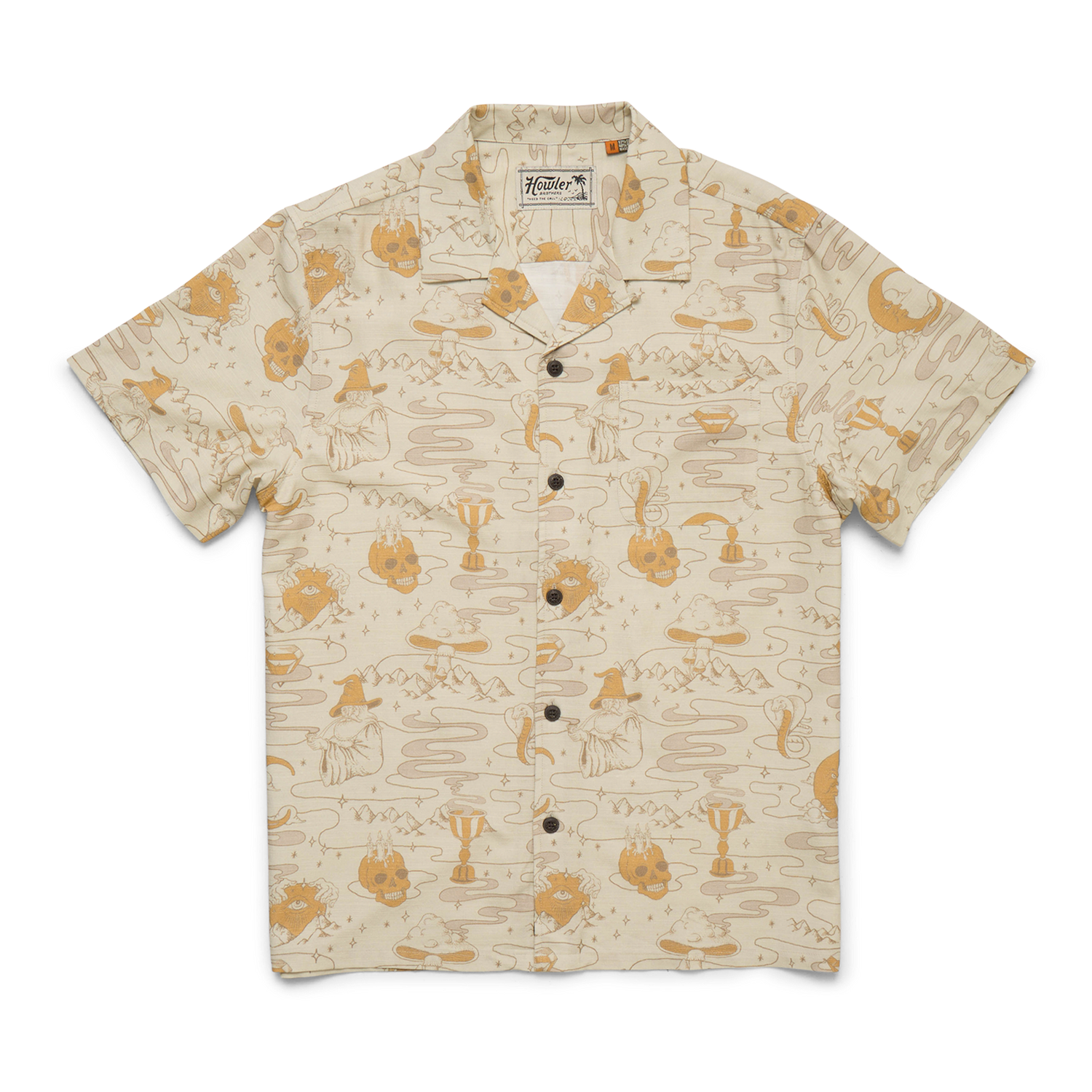 A short-sleeve, button-up shirt with a camp collar and beige slub fabric, featuring a whimsical pattern of light brown cartoon cats, mushrooms, and abstract lines. The relaxed fit and front pocket evoke vintage Hawaiian shirts charm.