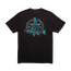 Black short-sleeve cotton t-shirt featuring a large experimental artwork on the back of a bearded man in a fishing hat holding a fish, with Hopper Brothers above and Huso the Caviar Cowboy below in white and teal.
