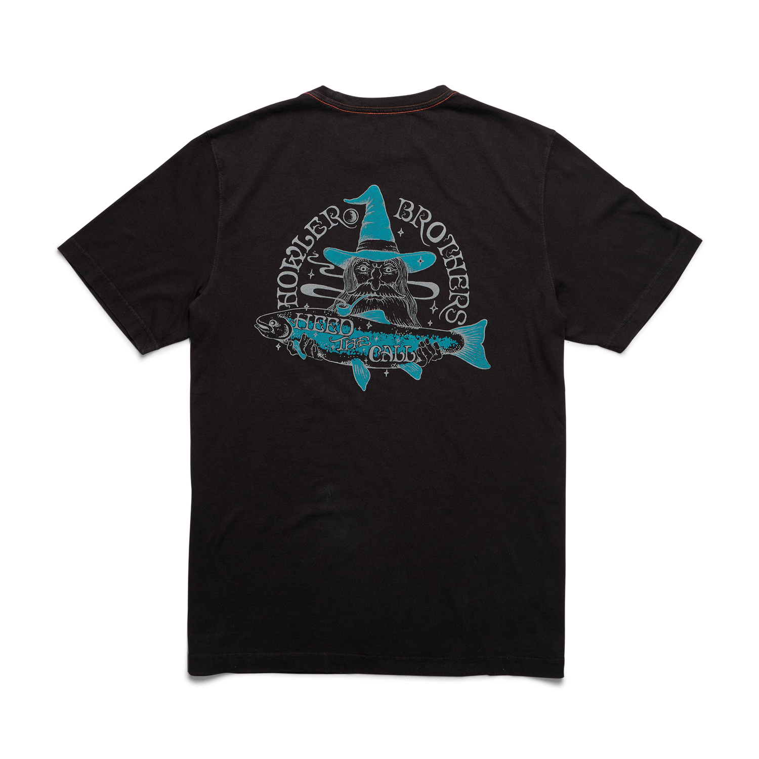 Black short-sleeve cotton t-shirt featuring a large experimental artwork on the back of a bearded man in a fishing hat holding a fish, with Hopper Brothers above and Huso the Caviar Cowboy below in white and teal.