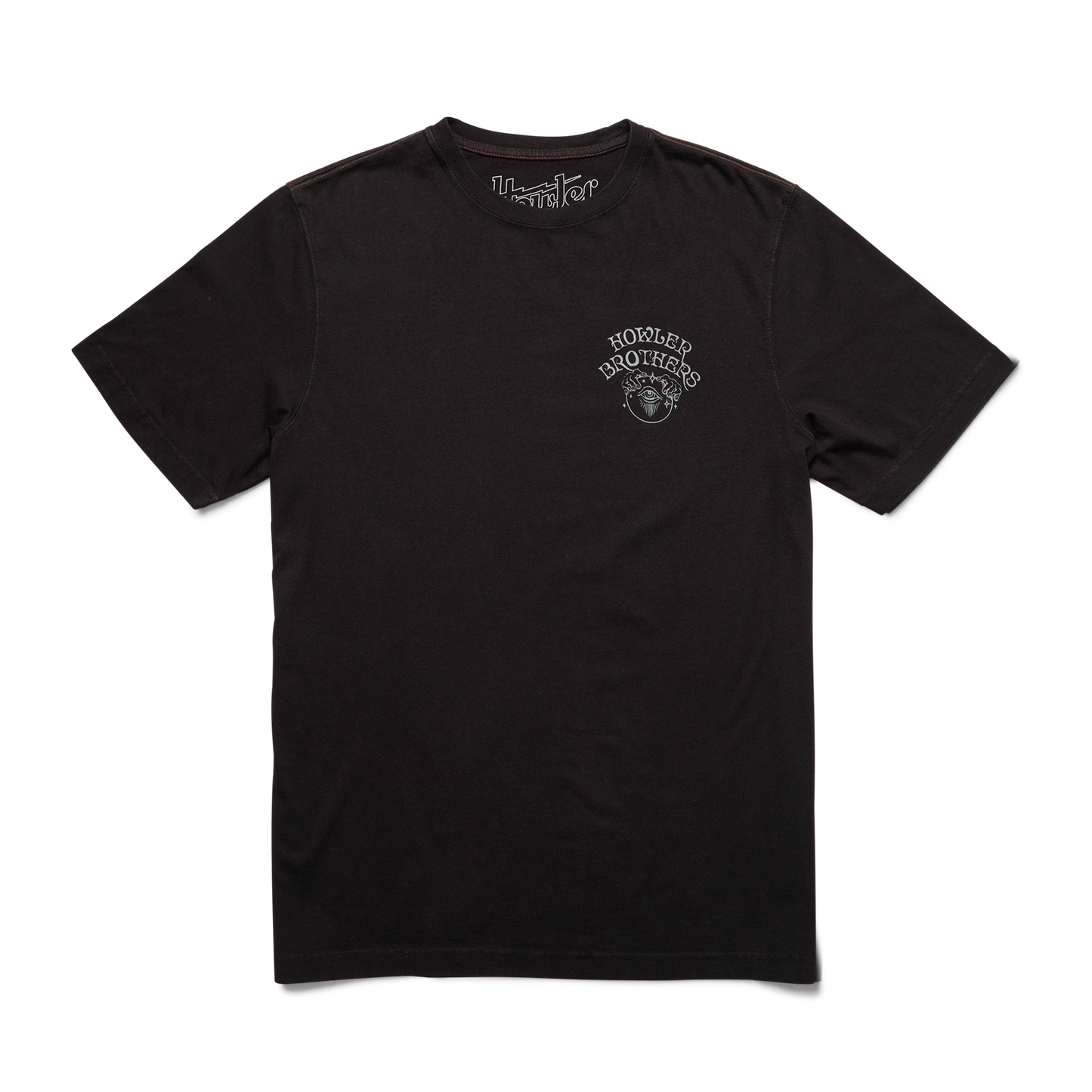 A plain black short-sleeve cotton t-shirt with a small white Howler Brothers logo and graphic on the left chest, laid flat on a white background for a classic vintage look.