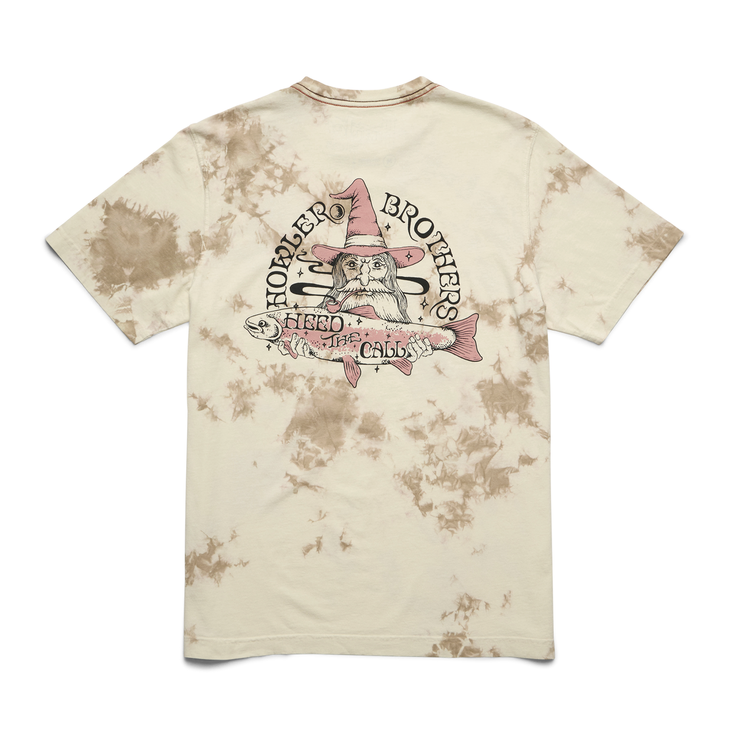 Beige and brown tie-dye cotton t-shirt with a vintage look, featuring experimental artwork: a bearded wizard in a pink hat riding a pink fish. Surrounding text reads Howler Brothers and Head of the Class.