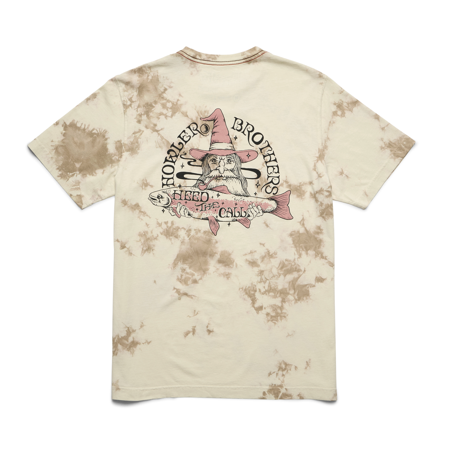 Beige and brown tie-dye cotton t-shirt with a vintage look, featuring experimental artwork: a bearded wizard in a pink hat riding a pink fish. Surrounding text reads Howler Brothers and Head of the Class.