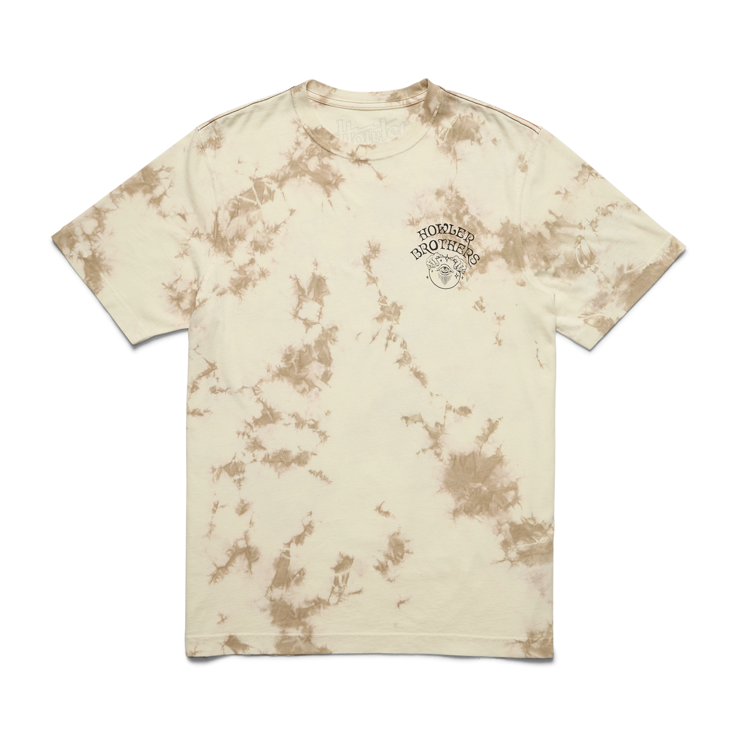 A beige tie-dye cotton t-shirt with brown splashes and a small “Hooked Brothers” logo with a fish graphic on the left chest, offering a vintage look with experimental artwork.