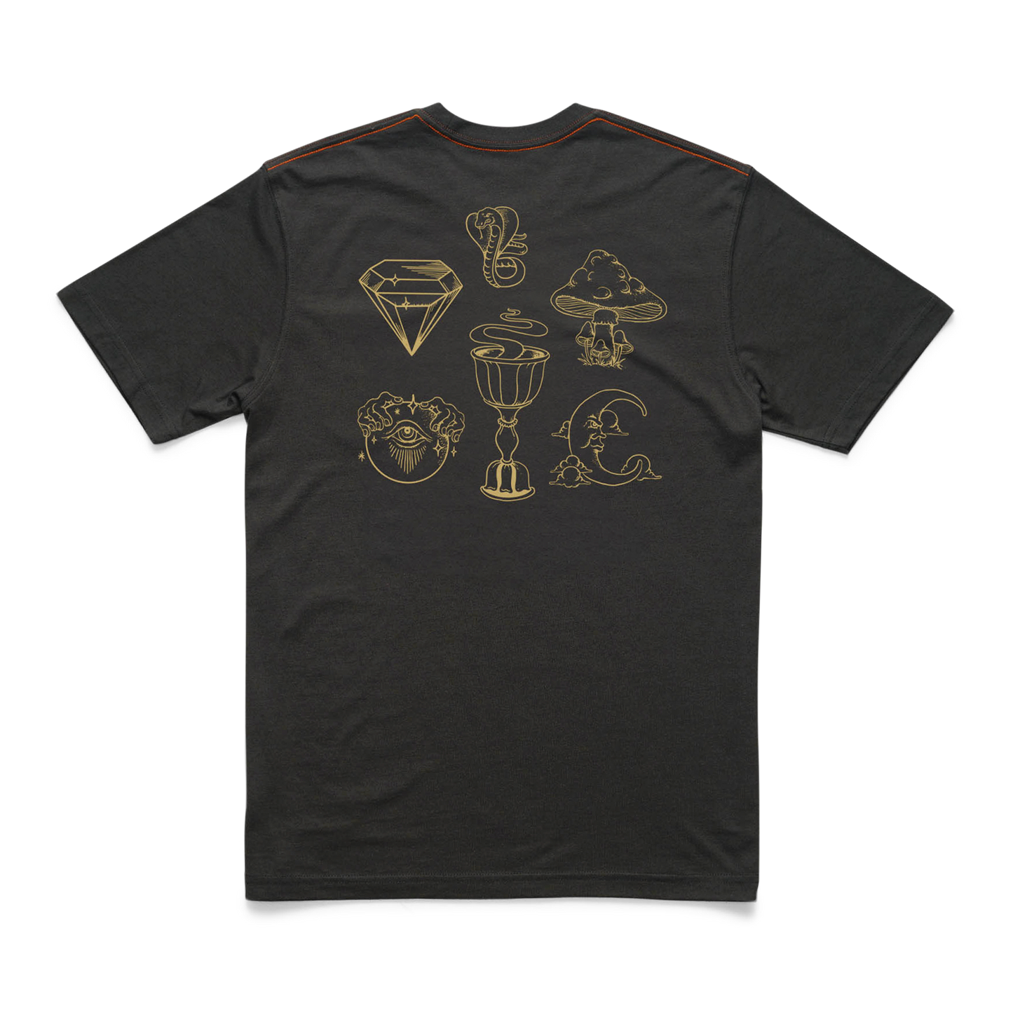 A black Howler t-shirt with gold line art illustrations on the back—diamond, snake, cloud, rose, owl, goblet, crescent moon, and tree—plus orange shoulder stitching. Made from a soft cotton-poly blend for ultimate comfort.