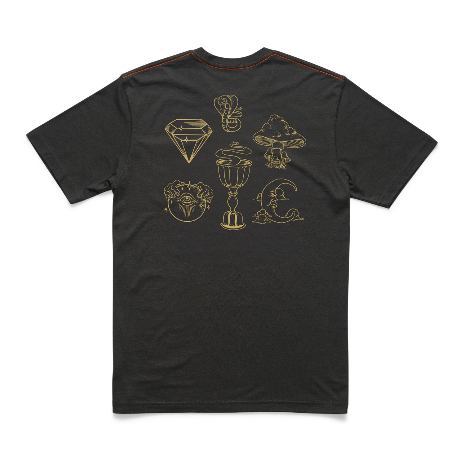 A black Howler t-shirt with gold line art illustrations on the back—diamond, snake, cloud, rose, owl, goblet, crescent moon, and tree—plus orange shoulder stitching. Made from a soft cotton-poly blend for ultimate comfort.