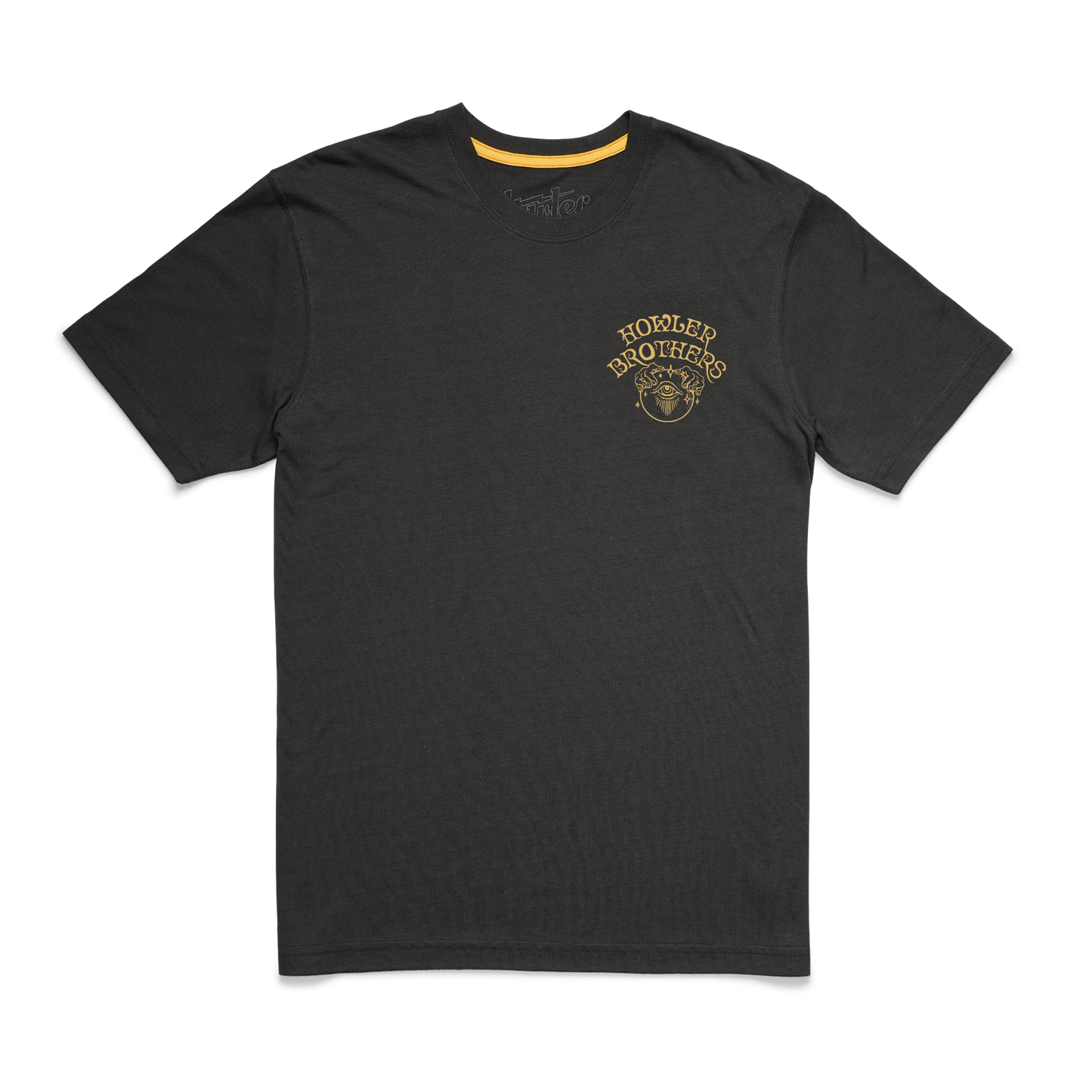 A plain black Howler t-shirt made from a soft cotton-poly blend, featuring a small yellow Howler Brothers logo and bear graphic on the left chest. The comfortable t-shirt has a yellow collar accent and is laid flat on a white background.