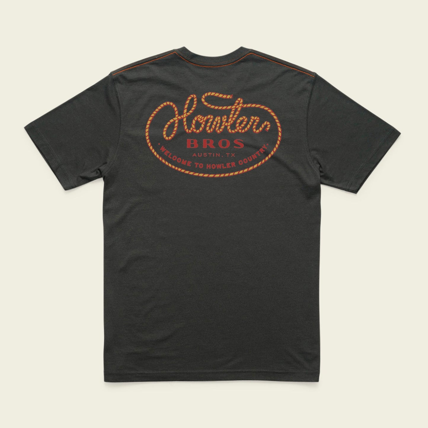 A black cotton-poly blend t-shirt featuring Howler Bros in orange script with a rope design on the back, plus Austin, TX and Welcome to Howler Country in bold red and orange. Enjoy maximum comfort with signature Howler blended t-shirts.