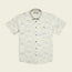 Short-sleeve button-up single pocket shirt with a pale blue and cream southwestern-inspired geometric pattern, crafted from lightweight cotton for comfort, and finished with dark buttons down the front, laid flat on a light background.