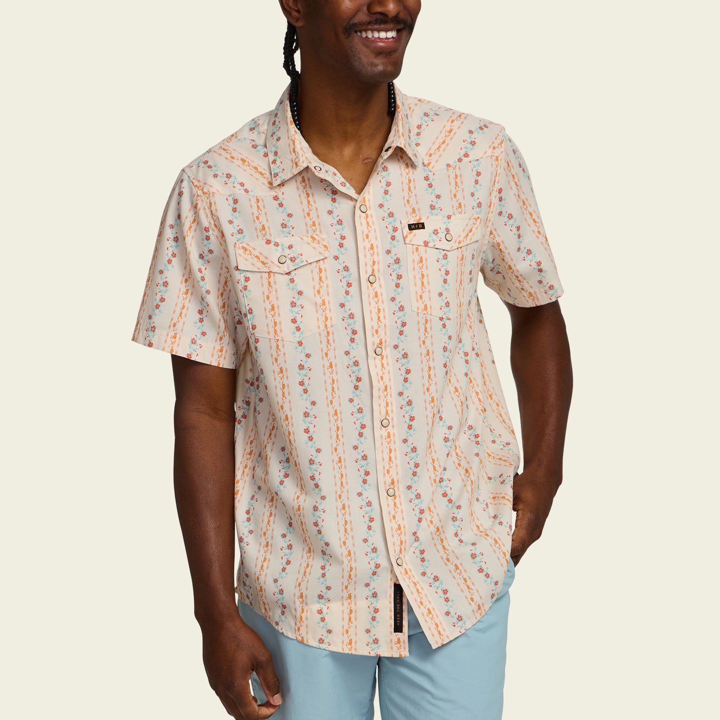 H Bar B Snapshirt - Hibiscus Ribbons : Riverbed Oxford