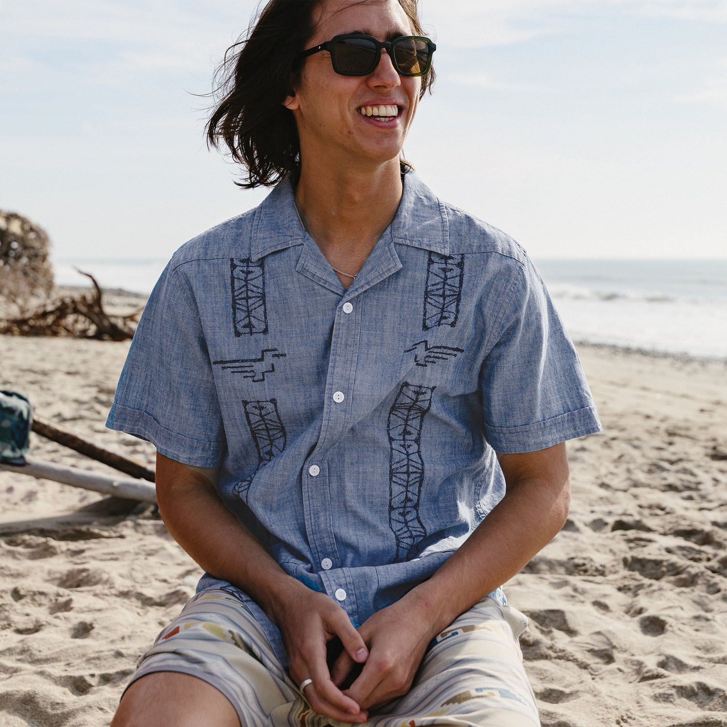Guayabera Shirt - Pictographs : Washed Indigo Chambray