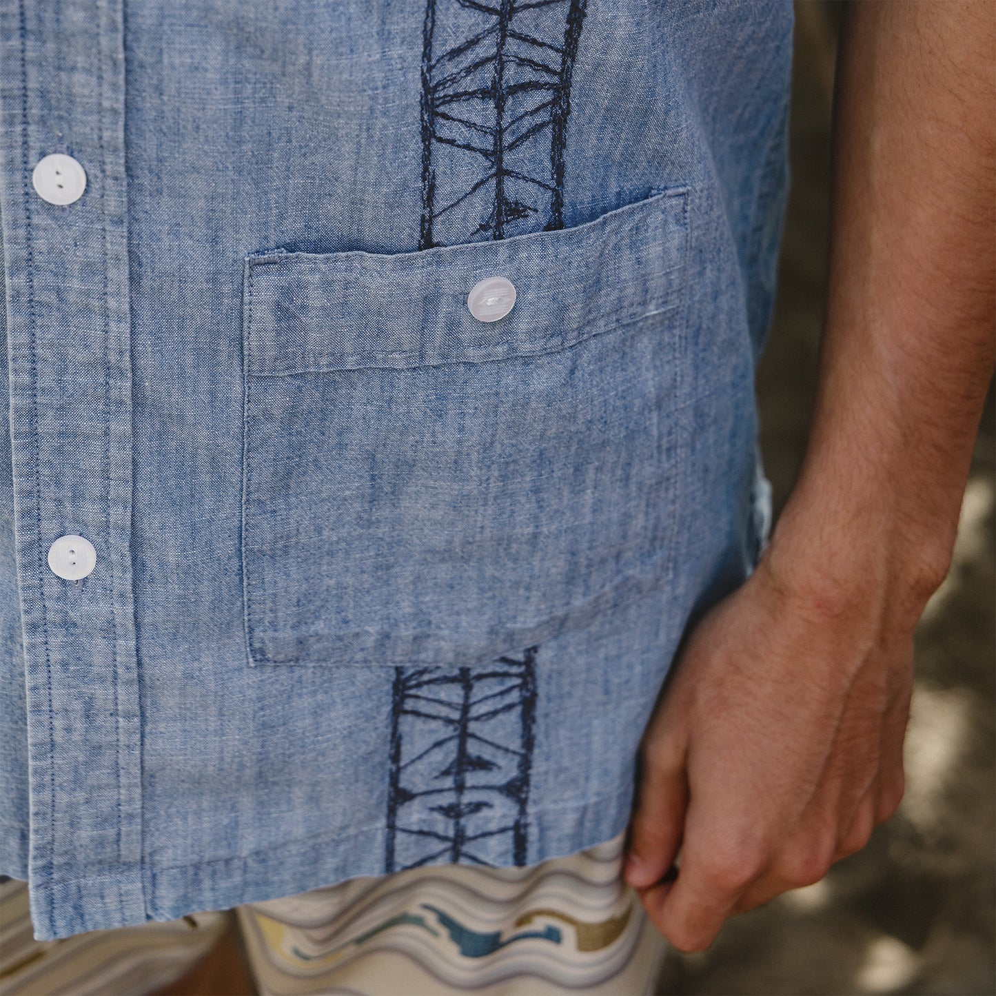 Guayabera Shirt - Pictographs : Washed Indigo Chambray