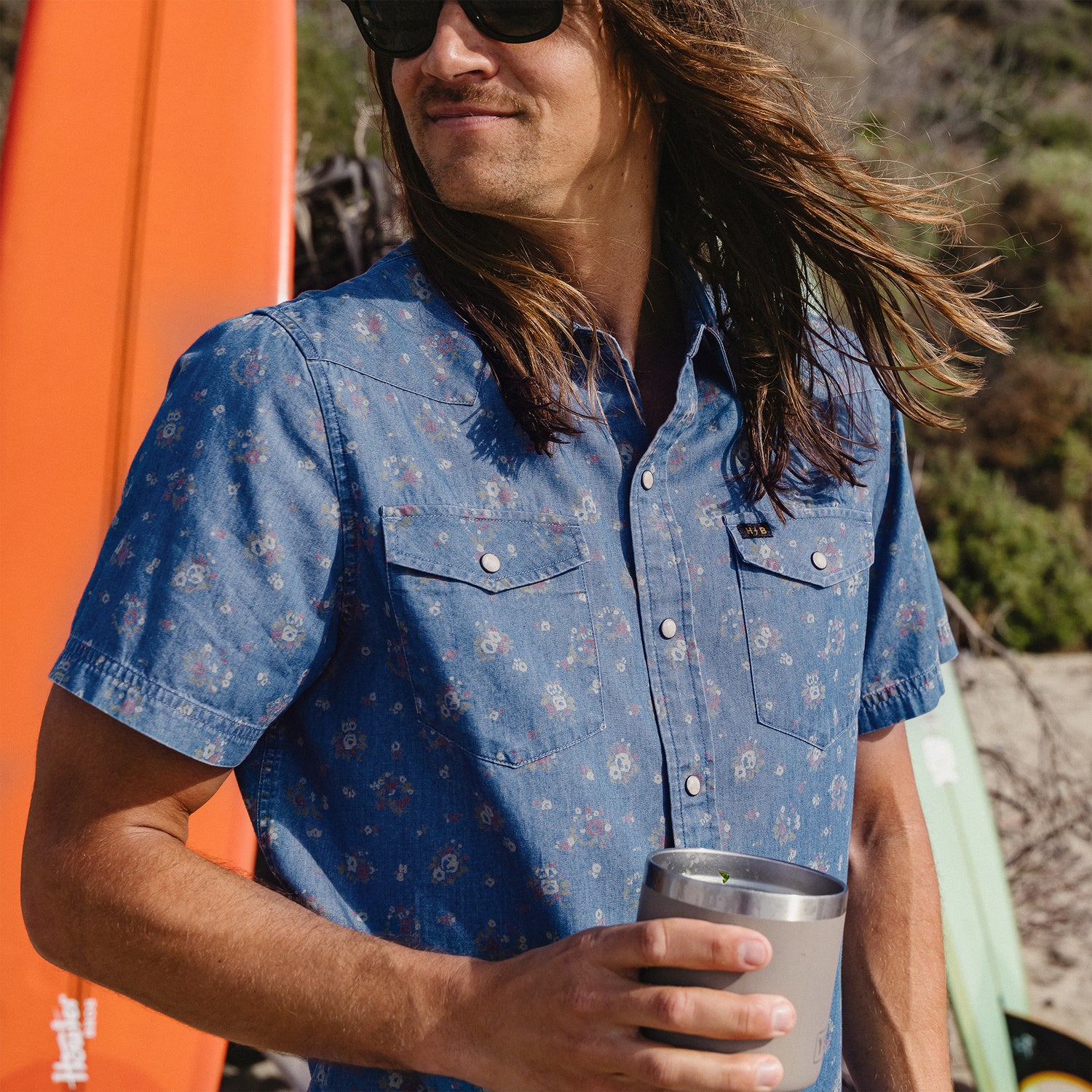 H Bar B Snapshirt - Bouquets : Washed Indigo