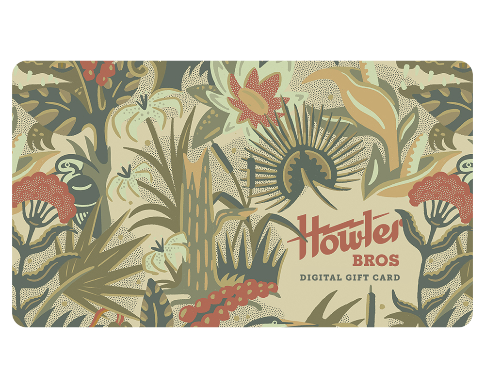A Howler Brothers Gift Card featuring a tropical botanical pattern with leaves, flowers, and plants in earthy green, beige, and red tones. The logo and “Digital Gift Card” text appear in the lower right corner.